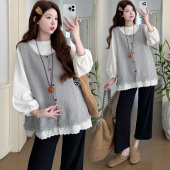 宽松长袖 大码 韩版 春秋新款 上衣蕾丝拼接马甲两件套200斤 孕妇套装