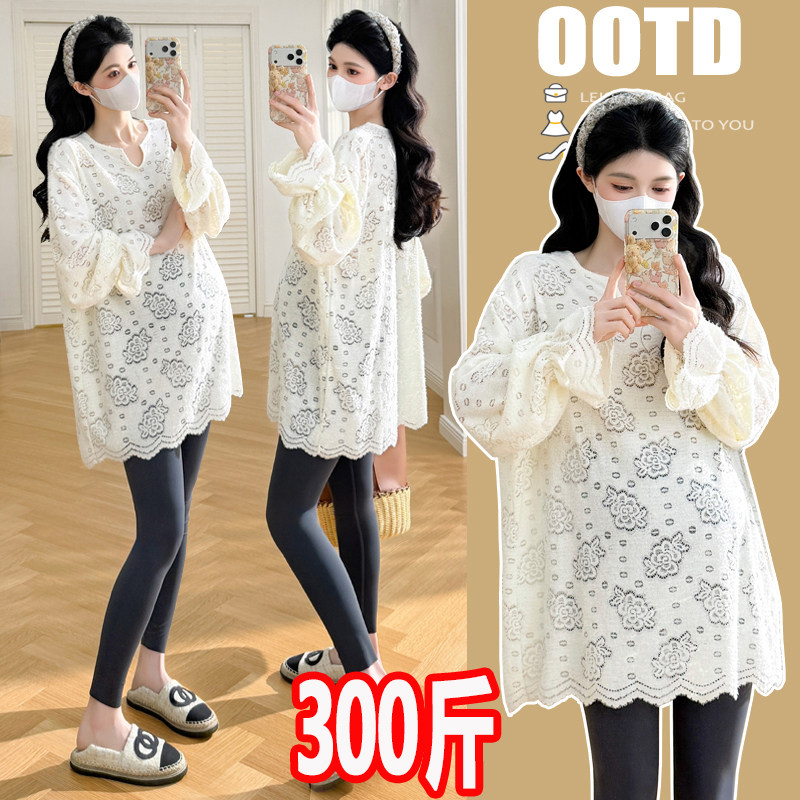 大码孕妇装早春2026新款时尚V领喇叭袖t恤宽松显瘦缕空上衣200斤