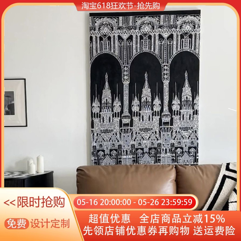 高级感法式古典立体装饰画钉珠刺绣布料浮雕壁画手工白色城堡挂画图片