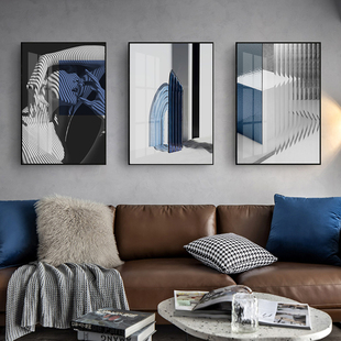 客厅饭厅抽象装饰画现代轻奢蓝色几何壁画民宿室内装修样板间挂画
