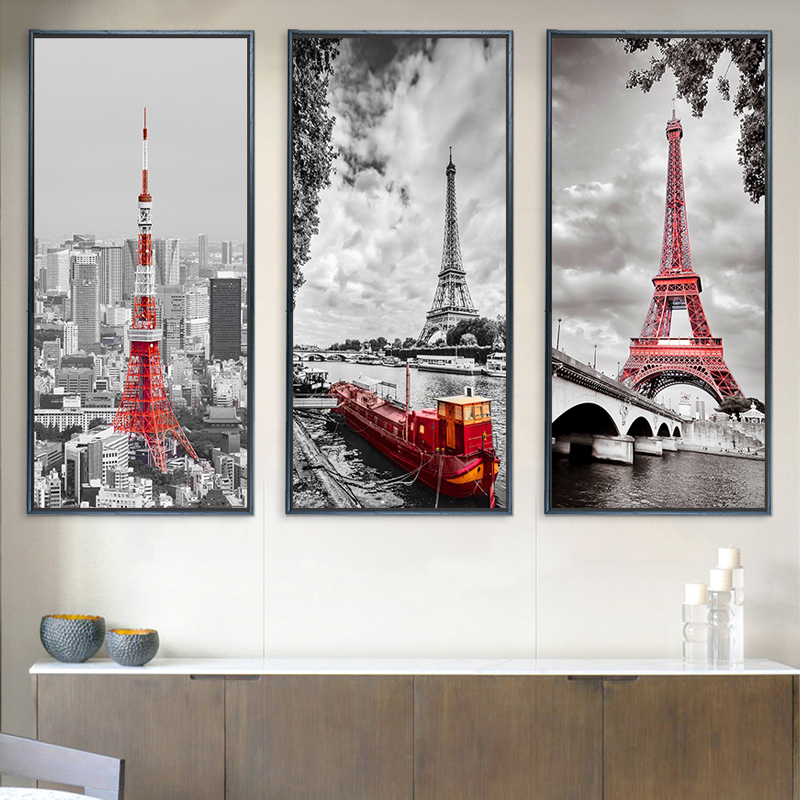 复古城市建筑风景壁画黑白工业风玄关装饰画网吧酒吧红色铁塔挂画