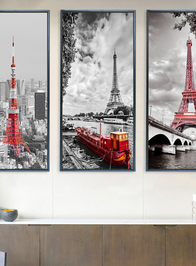 复古城市建筑风景壁画黑白工业风玄关装饰画网吧酒吧红色铁塔挂画