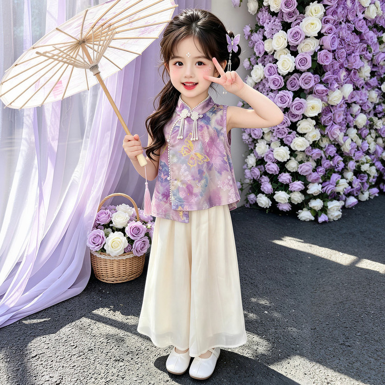 女童唐装套装2026新款女宝宝夏装新中式洋气国风无袖裤裙两件套