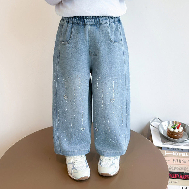 女童牛仔裤春秋款洋气中小童直筒宽松烫钻阔腿裤女孩春装儿童裤子