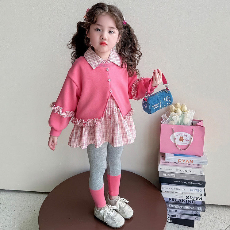 女童套装春季2026新款儿童春秋女宝宝春装假两件卫衣打底裤两件套