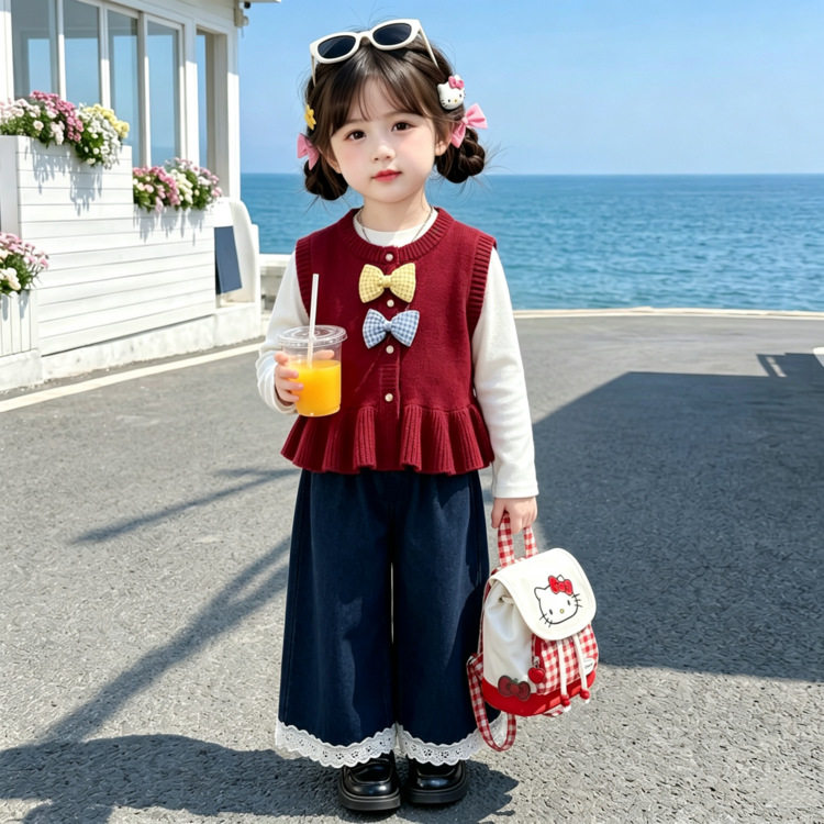 女童毛衣马甲三件套秋装时尚新款中小童女孩休闲牛仔阔腿裤三件套