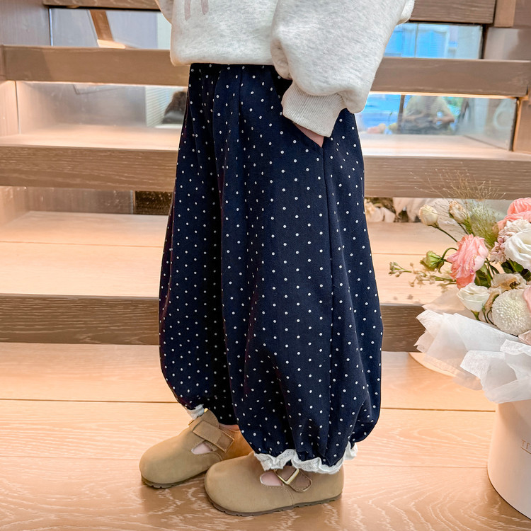 女童裤子春秋2026新款中小童花边休闲裤韩版秋装女宝宝波点阔腿裤