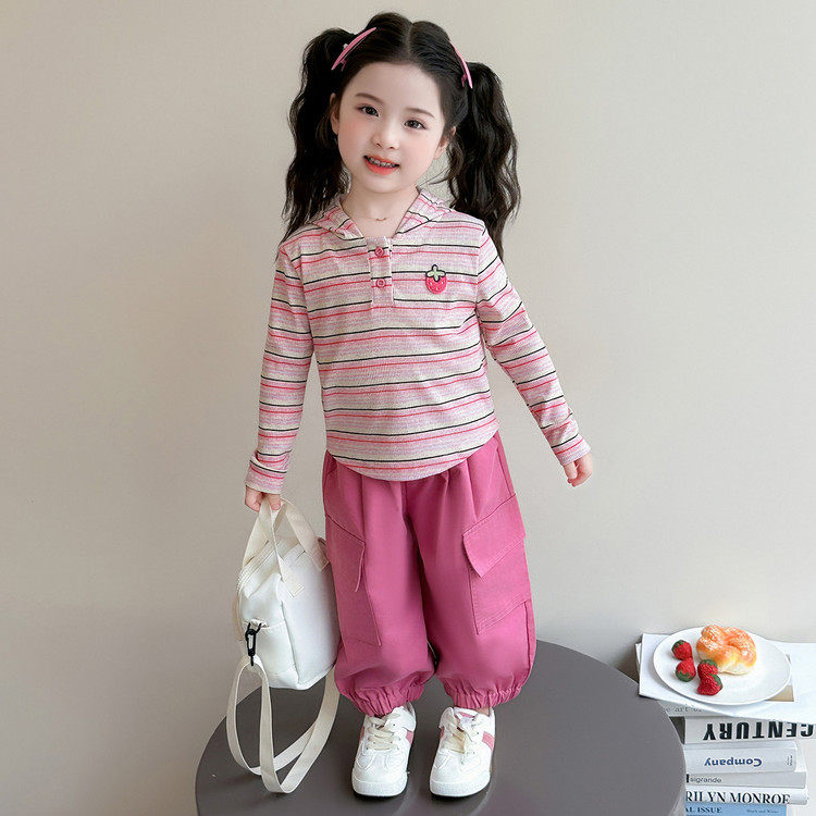 女童春款长袖T恤套装2026新款女宝宝春装条纹上衣工装裤子两件套