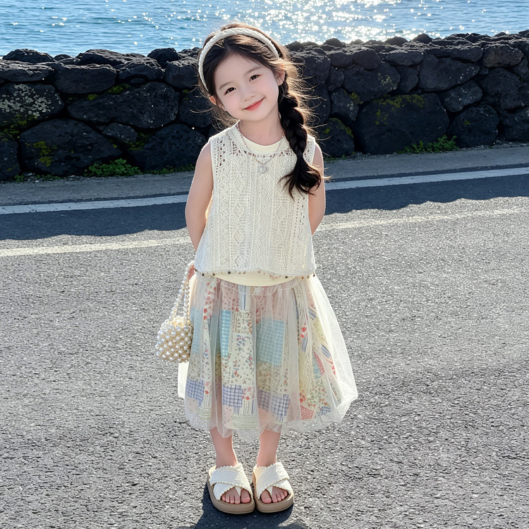 女童夏季套装2026儿童新款波西米亚蕾丝拼接三件套度假风半身裙子