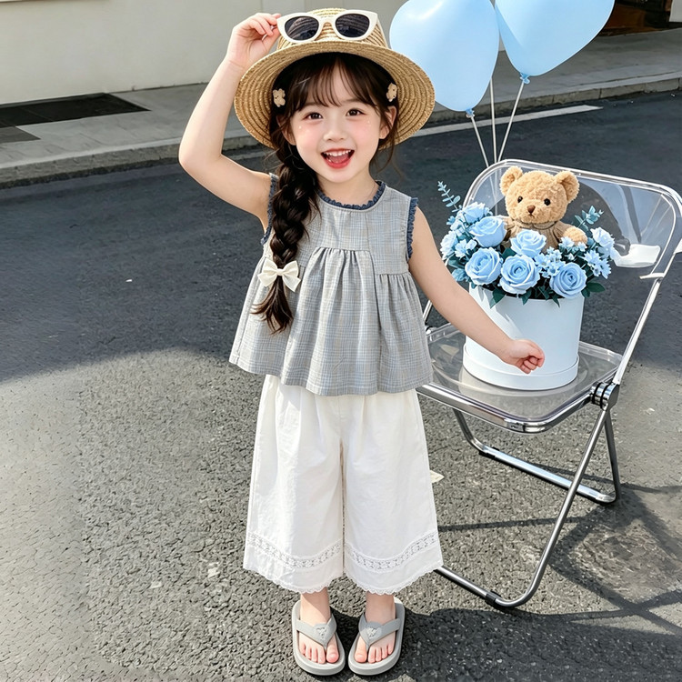 女童夏款套装新款韩版格子无袖上衣阔腿裤小女孩出游穿搭两件套