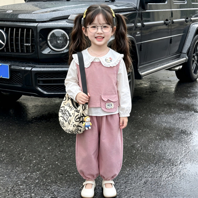 女童套装2026新款儿童春秋装韩版洋气时髦秋装宝宝衬衫马甲三件套
