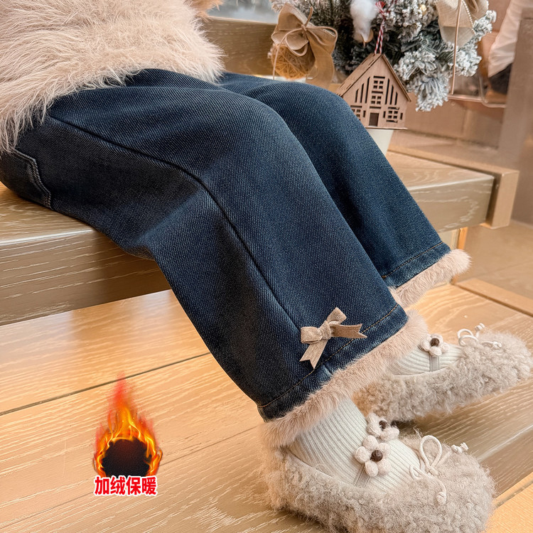女童冬装一体绒牛仔裤2025新款儿童韩版小女孩冬季加绒加厚阔腿裤