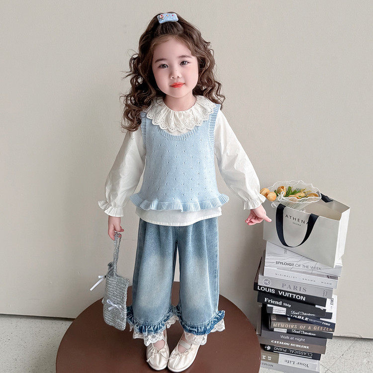 女童毛衣马甲套装春季2026新款洋气时髦韩版儿童针织牛仔裤三件套