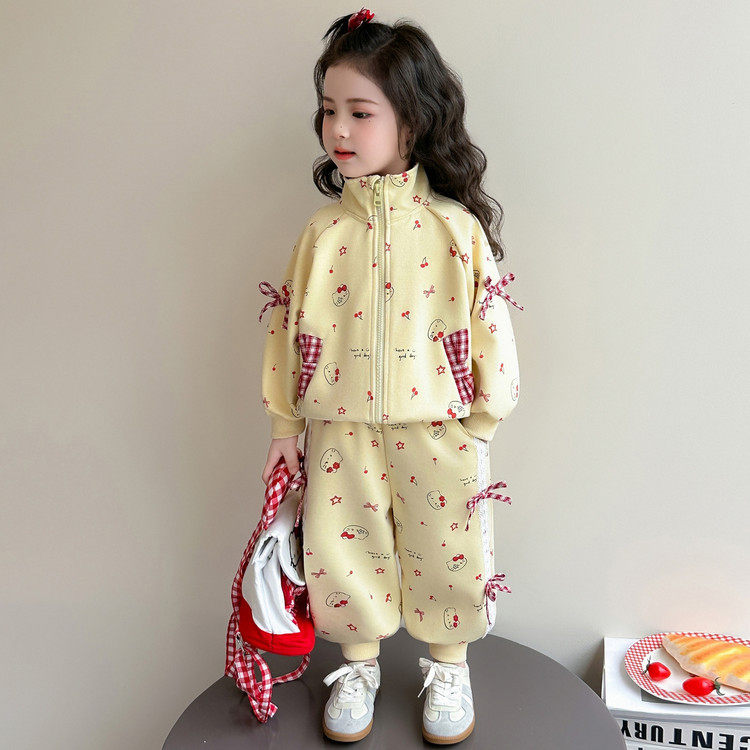 女童套装春秋季2026新款儿童满印卡通卫衣外套两件套宝宝运动春装