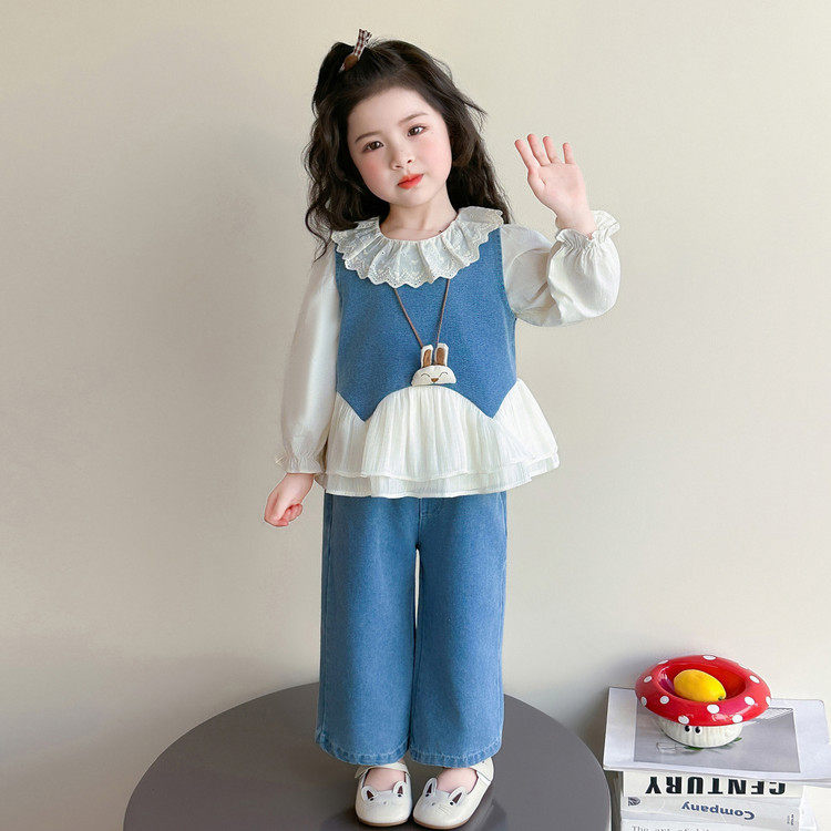 女童牛仔套装2026春季新款女宝宝马甲打底衫阔腿裤三件套春装