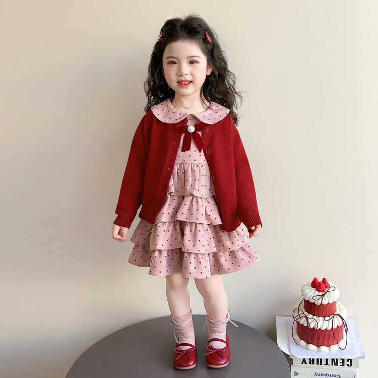 女童针织开衫套装春秋2026新款儿童小香风春装女孩蛋糕裙两件套