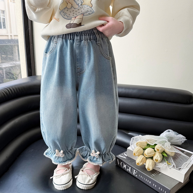 女童裤子秋装2026新款洋气宝宝萝卜裤春秋款花苞裤儿童束脚牛仔裤