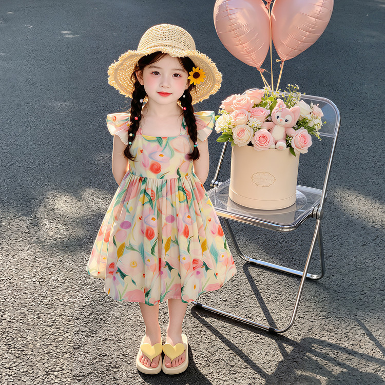 女童连衣裙2026夏季新款儿童洋气碎花吊带裙子宝宝露背公主裙夏装