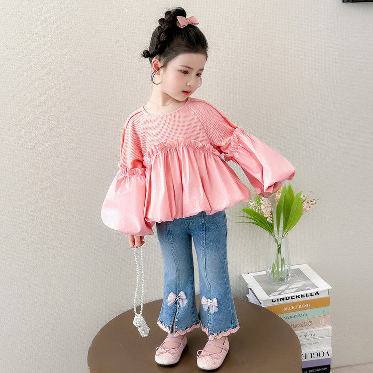 女童春秋套装2026新款儿童洋气泡泡袖娃娃衫韩版春装牛仔裤两件套