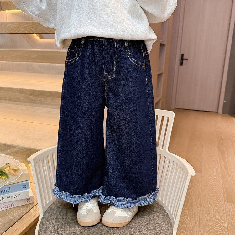 女童裤子儿童牛仔裤春装2026新款韩版童装宽松格子花边阔腿直筒裤