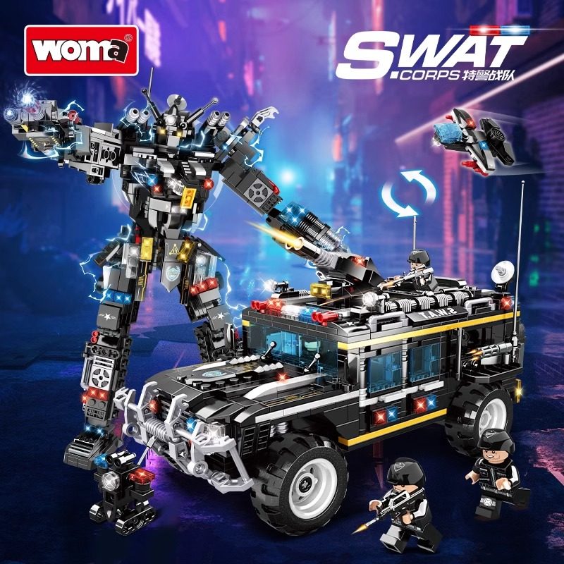 沃马积木特警战队装甲车男孩子拼装汽车玩具儿童小颗粒变形机器人