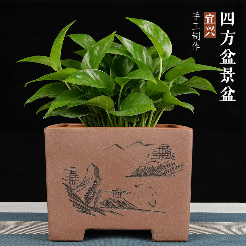 宜兴手工紫砂四方盆景盆复古雕刻透气花器绿植老桩种植正方形花盆