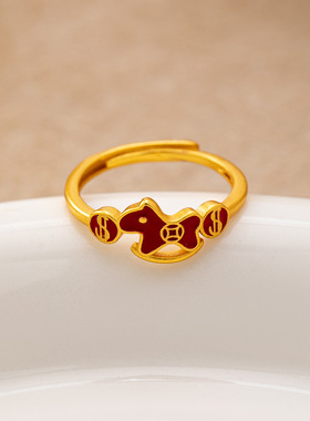 小众指环金色酒红珐琅马上有钱