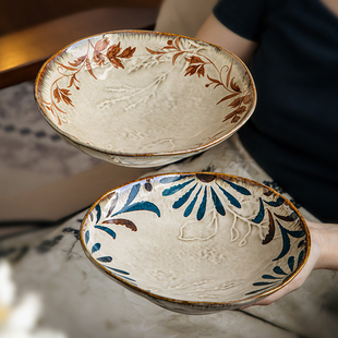 巷子尾〖小众盘子〗8英寸不规则浮雕菜盘陶瓷深盘复古创意菜碗