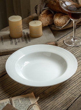 巷子尾〖9.99两个简约草帽盘〗8.5英寸螺纹陶瓷汤盘西餐意面盘子