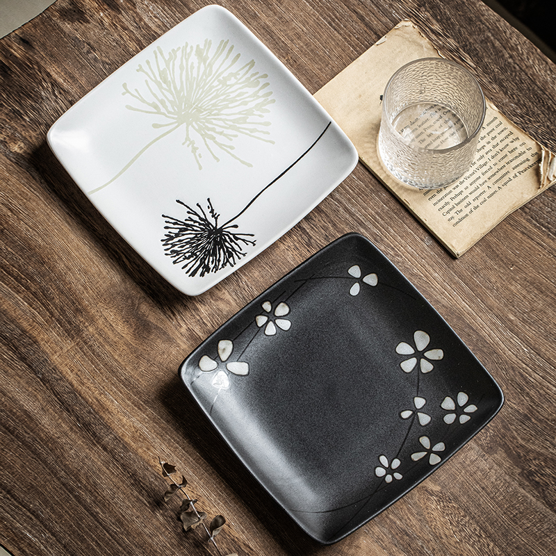 巷子尾〖艺术方形盘子〗日式手绘8英寸陶瓷牛排盘甜品盘家用菜盘