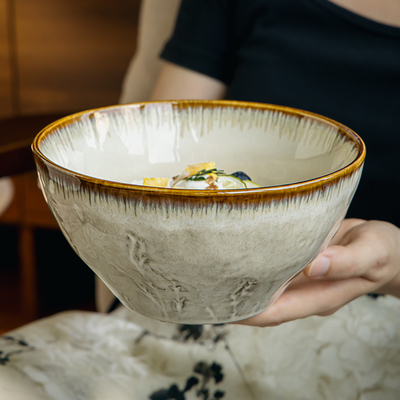 复古浮雕陶瓷面碗日式高脚拉面碗