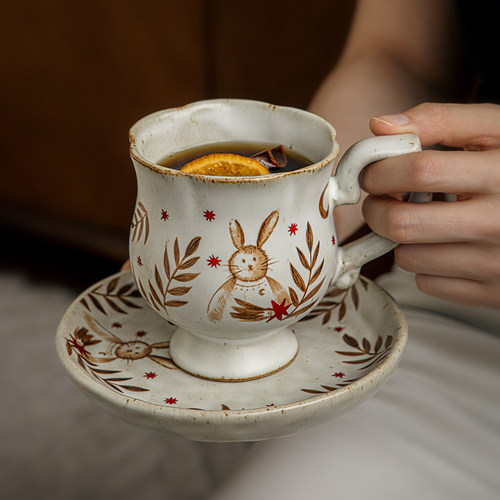 巷子尾〖星叶兔〗复古杯碟套装手工粗陶咖啡杯创意马克杯拿铁杯子