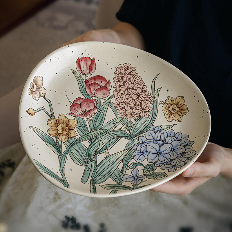 巷子尾〖花团争俏〗9英寸三角盘陶瓷菜盘高颜值甜品盘西餐牛排盘,餐饮具,盘,淘宝优惠券,粉丝福利购,淘宝优惠卷