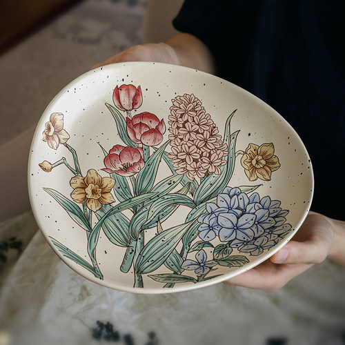 巷子尾〖花团争俏〗9英寸三角盘陶瓷菜盘高颜值甜品盘西餐牛排盘
