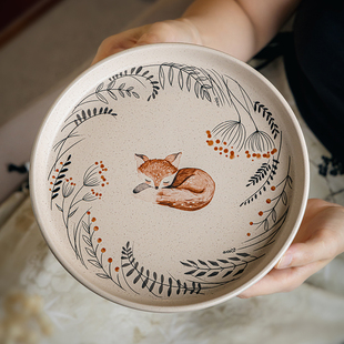 巷子尾〖睡美狐〗8.5英寸陶瓷平盘餐厅西餐盘意面盘精致动物菜盘