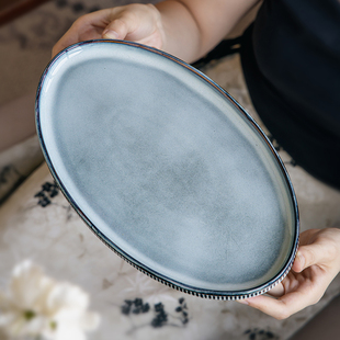 巷子尾〖大口吃鱼〗加大12英寸浮雕鱼盘陶瓷椭圆盘蒸鱼盘饭店餐具