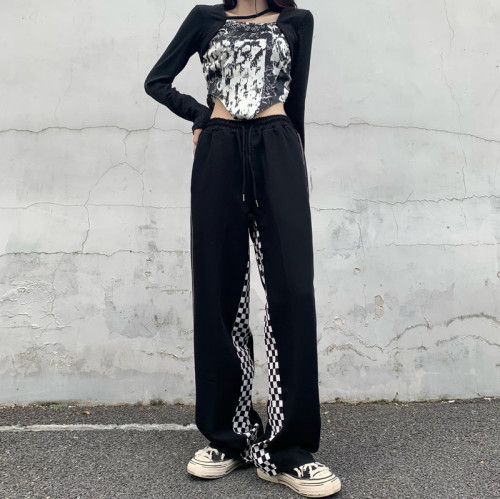 Real price black chessboard lattice high street Wide Leg Pants NEW Loose straight sports casual pants