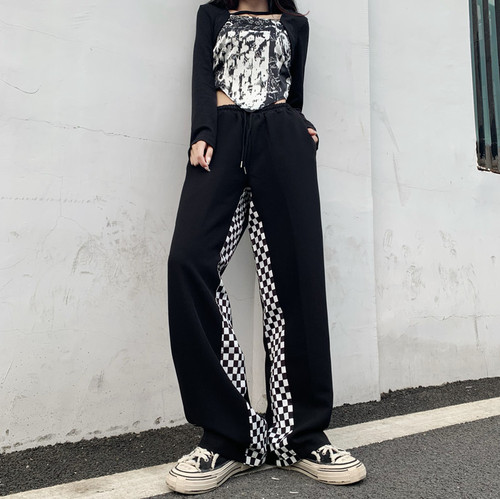 Real price black chessboard lattice high street Wide Leg Pants NEW Loose straight sports casual pants