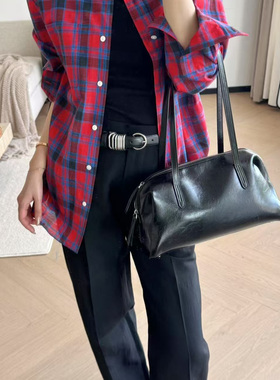 秋季宽松休闲慵懒风拼色红蓝格纹棉质衬衫-8817