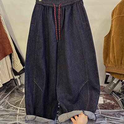 今年流行的牛仔裤款式松紧腰宽松慵懒松弛感气球裤女春秋哈伦裤子