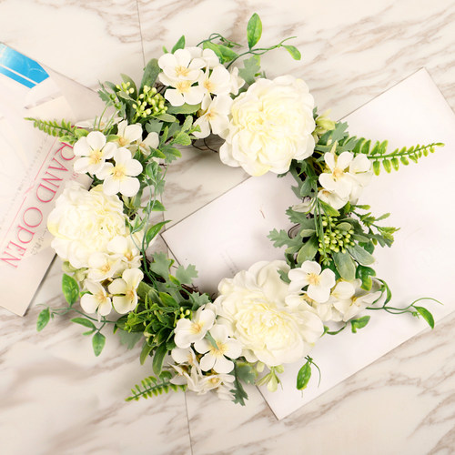 茶花花环仿真花藤圈白绿色家居装饰酒店橱窗墙壁挂假花客厅门挂饰