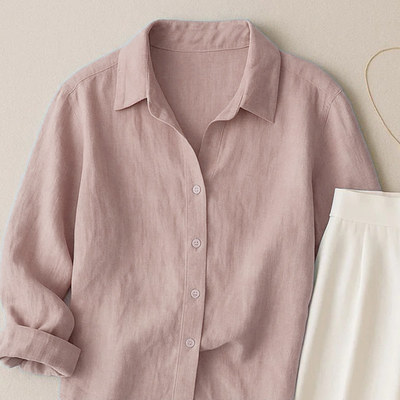 法式宽松藕粉色棉麻长袖女衬衫