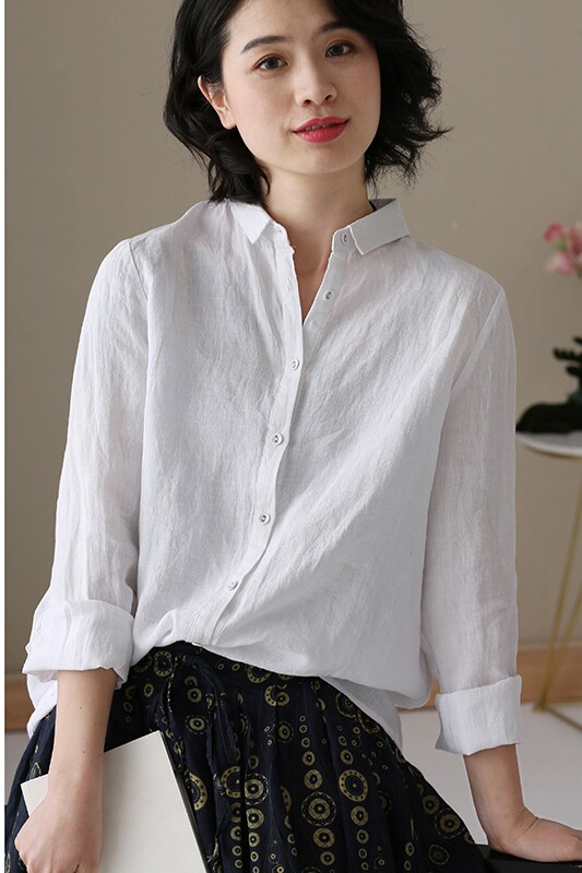 2026春季新款棉麻衬衫女打底休闲薄款上衣加大码宽松亚麻长袖衬衣
