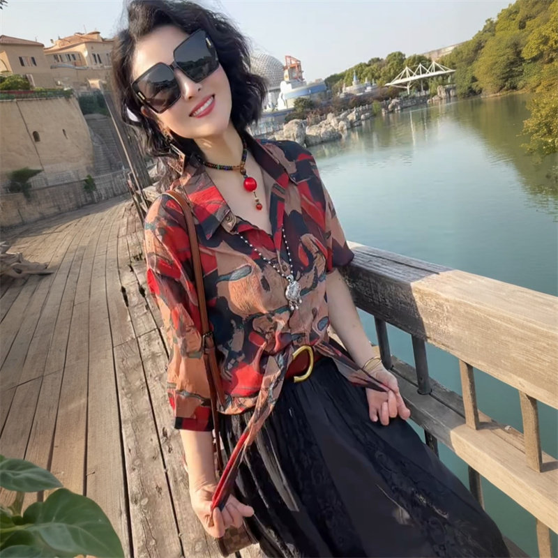 港风复古夏季七分袖丝麻宽松衬衫短款系带洋气防晒小个子衬衣小衫 - 实物图