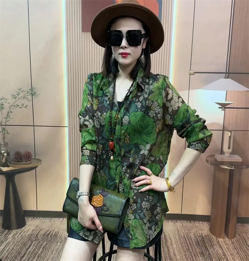 欧货春秋洋气长袖丝麻衬衫宽松大码休闲碎花薄款衬衣打底小衫上衣