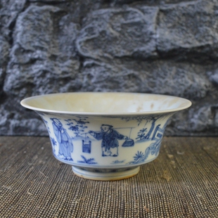 一物一拍 仿古瓷器 复古做旧明成化 青花人物纹折腰碗 古董古玩