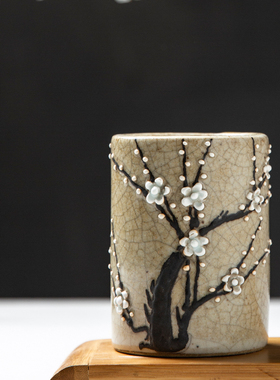 复古风哥窑开片梅花文房用品笔筒