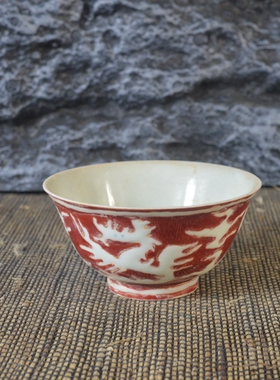 做旧成化红地龙纹铃铛杯古董古玩