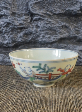 仿古瓷器 复古做旧明成化风格 斗彩人物纹瓷碗 古董古玩收藏品