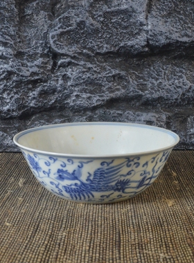 仿古瓷器 复古做旧明成化风格 青花缠枝莲双凤纹茶碗 古董古玩